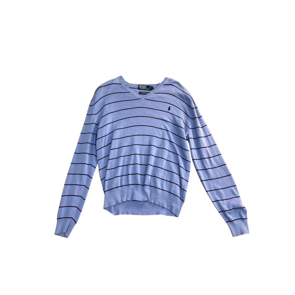 Polo Ralph‎ Lauren Mens V-Neck Sweater M Blue Striped 100% Pima Cotton RN 41381
